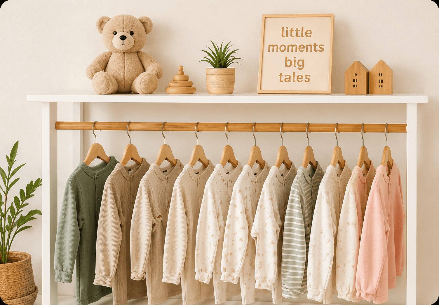 A rail of Little Tales babywear beside a teddy and a “little moments, big tales” sign