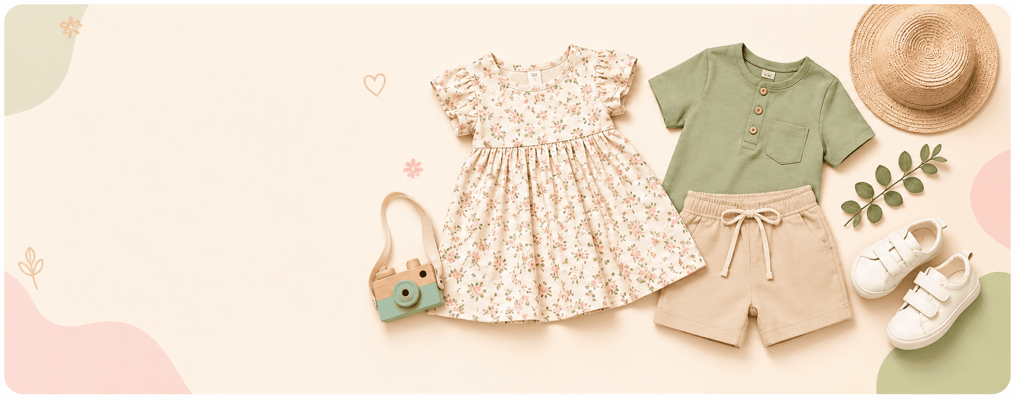 A flat lay of a floral dress, sage henley tee, beige shorts, straw hat and white sneakers