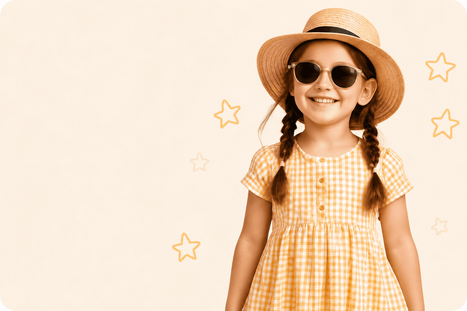 A child in a yellow gingham dress and straw hat