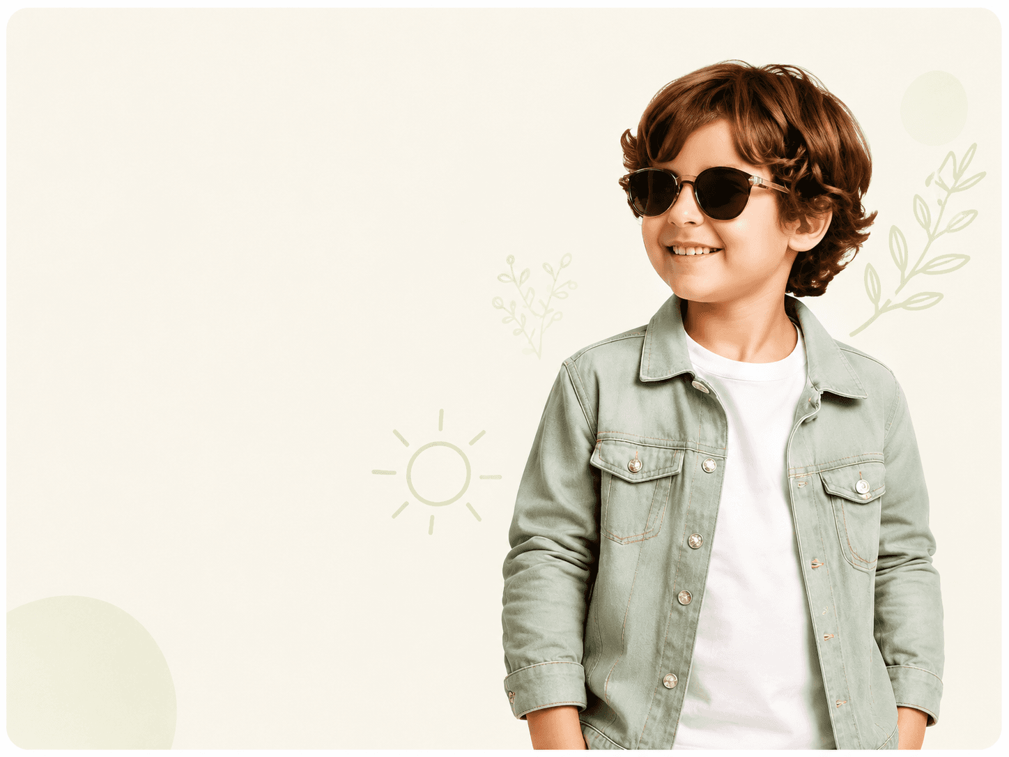 A child in a sage denim jacket and white tee